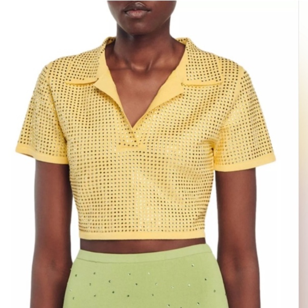SANDRO VIERGE EMBELLISHED POLO TOP
